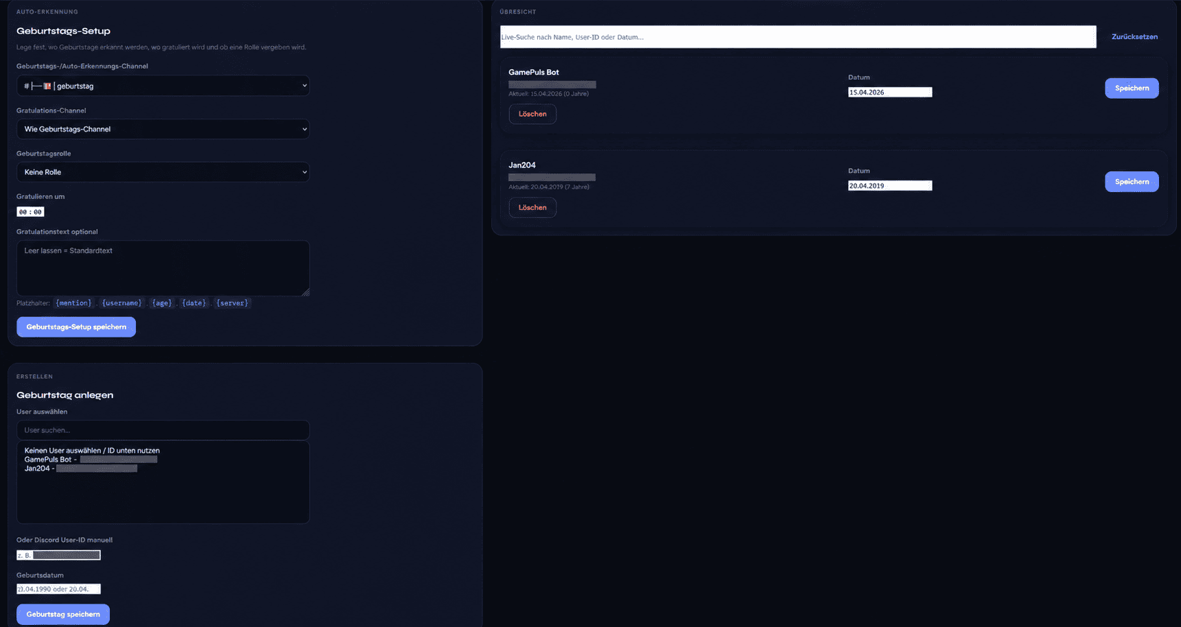 Geburtstags-Webinterface